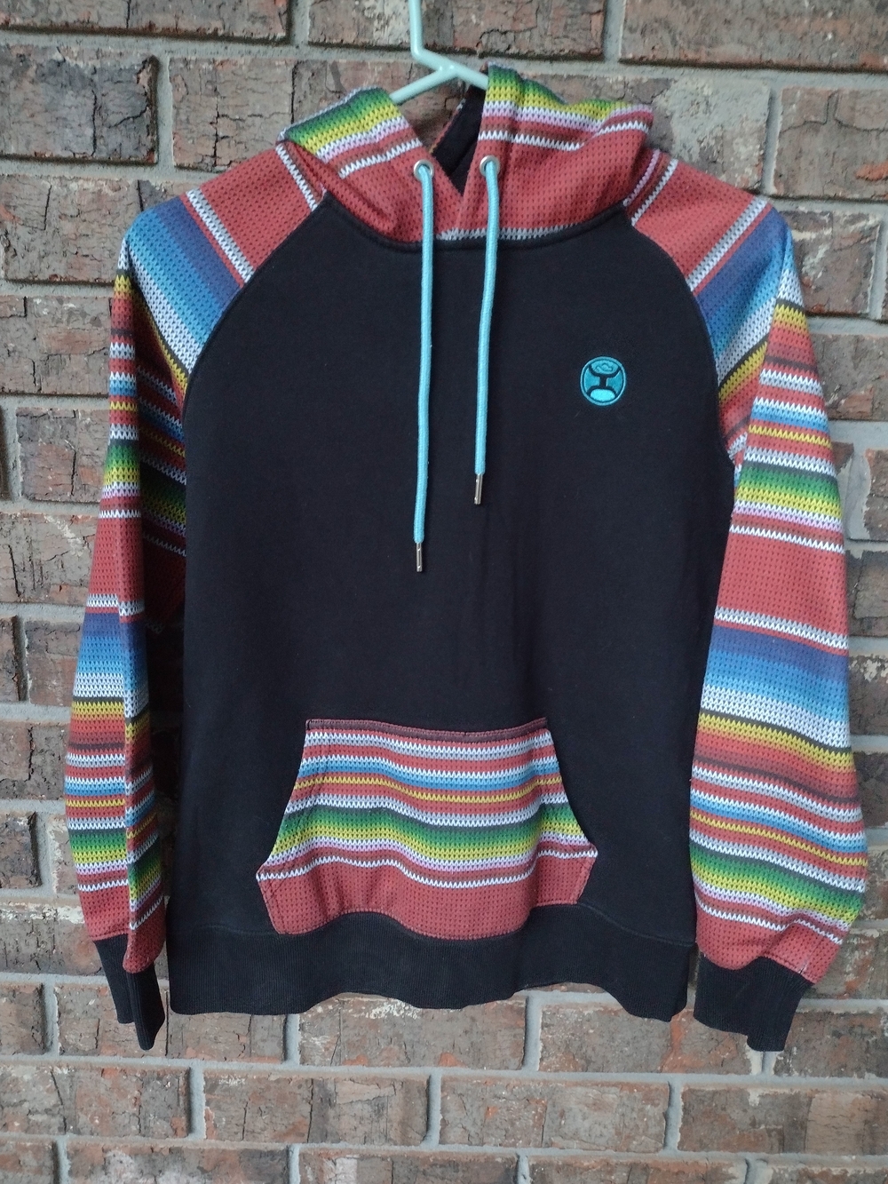 HOOEY Tijuana Hoodie Sweatshirt Black Women's M Aztec Multicolor Striped Logo